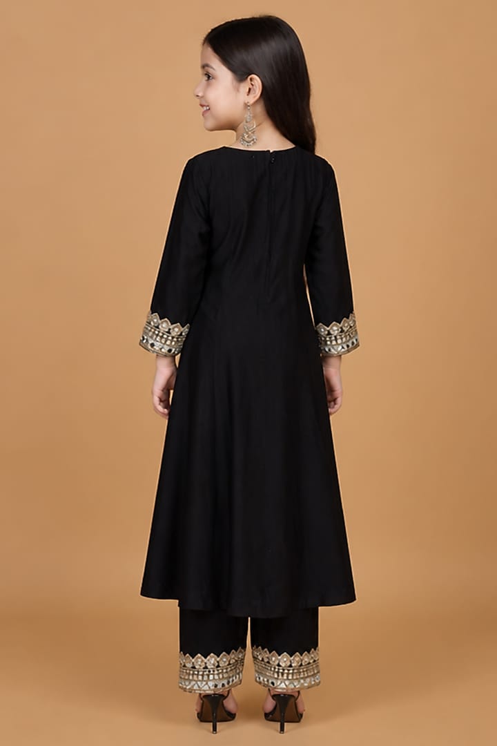 Black Self Katan Silk Mirror Embroidered Kurta Set For Girls by Harmony at Pernia's Pop Up Shop
