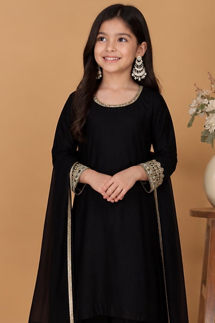 Black Self Katan Silk Mirror Embroidered Kurta Set For Girls by Harmony at Pernia's Pop Up Shop