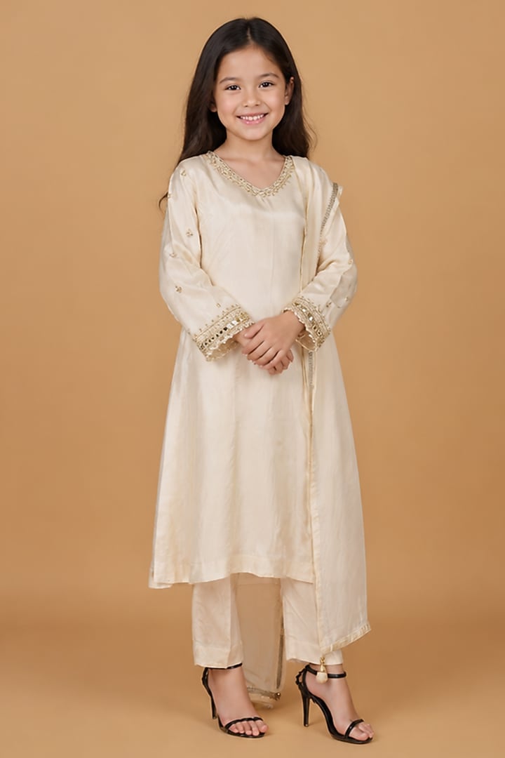 Ivory Opara Silk Pearl & Cutdana Embroidered Kurta Set For Girls by Harmony at Pernia's Pop Up Shop
