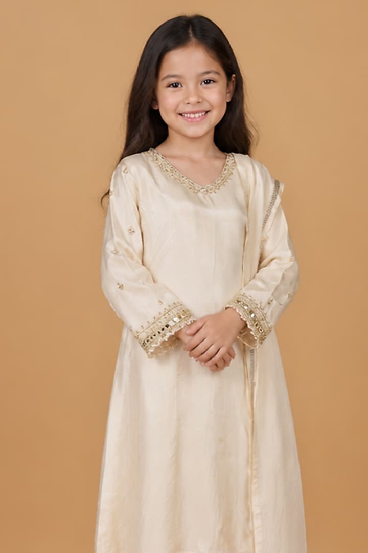 Ivory Opara Silk Pearl & Cutdana Embroidered Kurta Set For Girls by Harmony at Pernia's Pop Up Shop