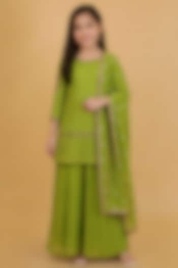 Leaf Green Viscose Organza Sharara Set For Girls by Harmony at Pernia's Pop Up Shop