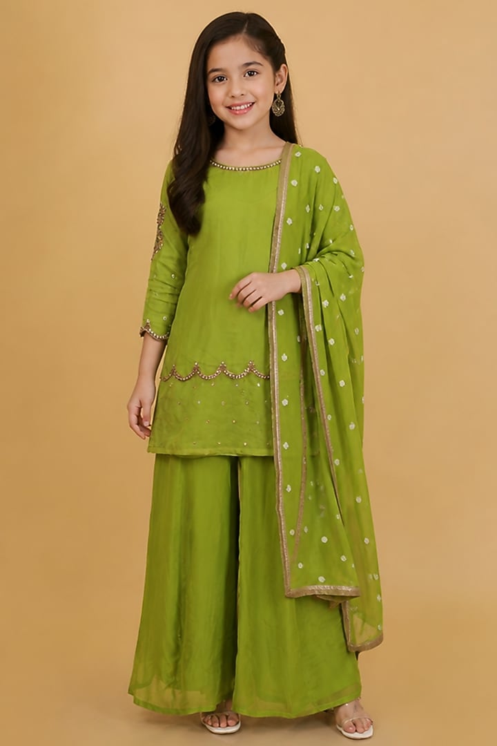Leaf Green Viscose Organza Sharara Set For Girls by Harmony at Pernia's Pop Up Shop