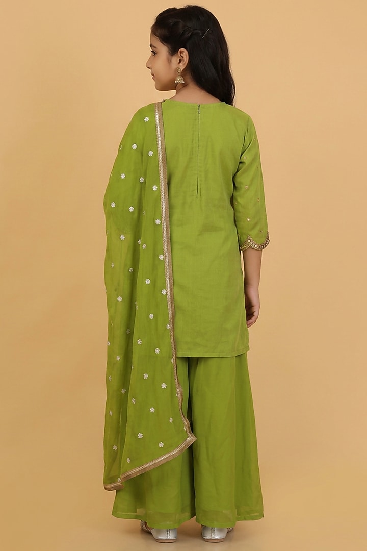 Leaf Green Viscose Organza Sharara Set For Girls by Harmony at Pernia's Pop Up Shop