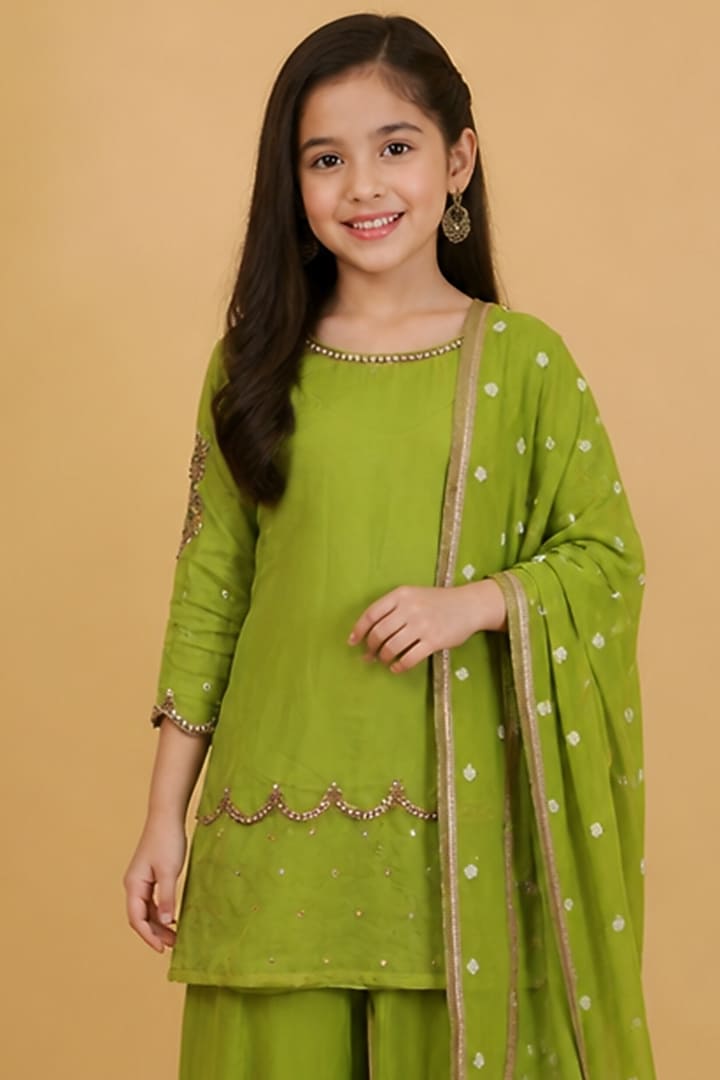 Leaf Green Viscose Organza Sharara Set For Girls by Harmony at Pernia's Pop Up Shop