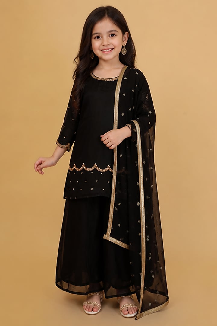 Black Viscose Organza Sharara Set For Girls by Harmony at Pernia's Pop Up Shop