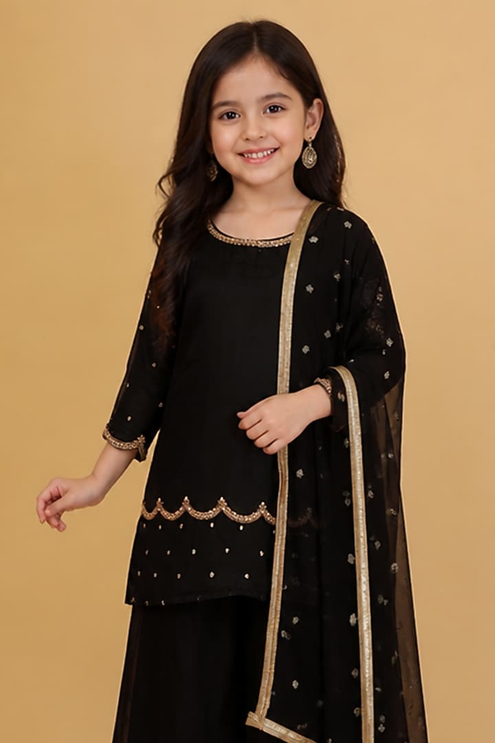 Black Viscose Organza Sharara Set For Girls by Harmony at Pernia's Pop Up Shop