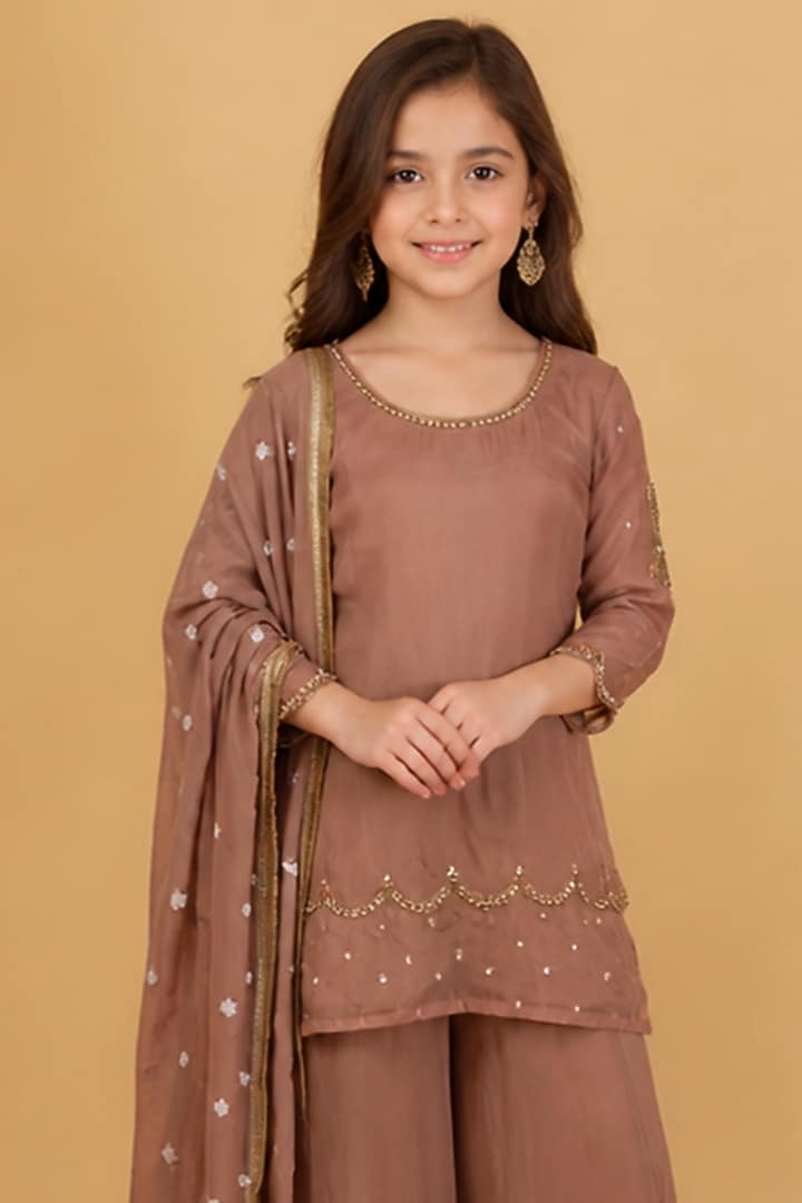 Mocha Brown Viscose Organza Sharara Set For Girls by Harmony at Pernia's Pop Up Shop