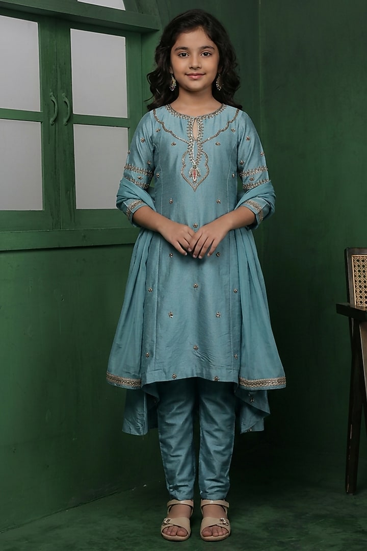 Dull Teal Viscose Organza Hand Embroidery Kurta Set For Girls by Harmony at Pernia's Pop Up Shop