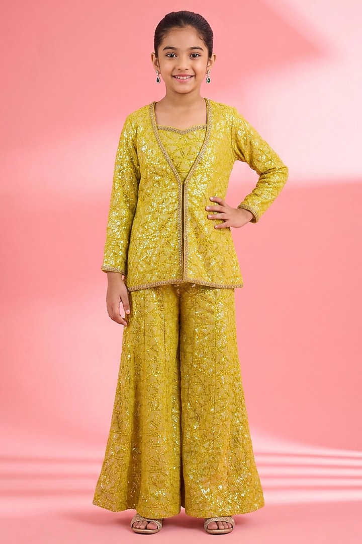 Lime Green Viscose Georgette Sequin Embroidered Jacket Set For Girls by Harmony at Pernia's Pop Up Shop