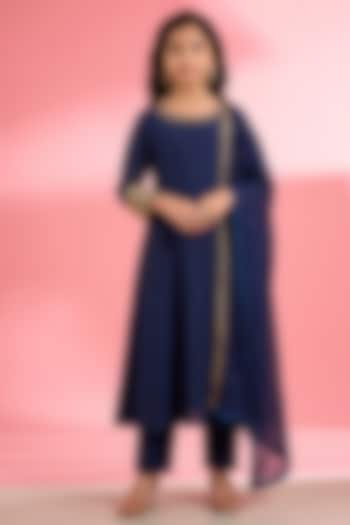 Dark Blue Viscose Katan Silk Embroidered Kurta Set For Girls by Harmony at Pernia's Pop Up Shop