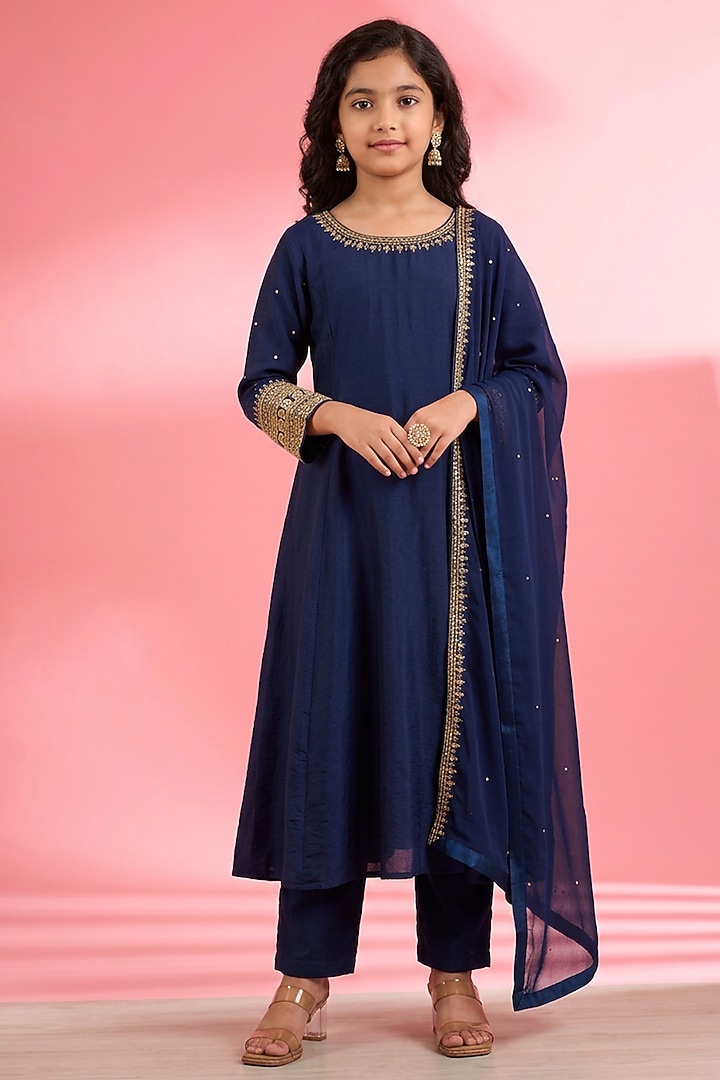 Dark Blue Viscose Katan Silk Embroidered Kurta Set For Girls by Harmony at Pernia's Pop Up Shop