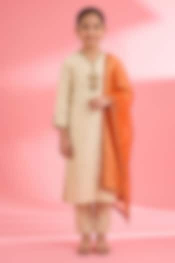 Light Beige Viscose Katan Silk Kurta Set For Girls by Harmony at Pernia's Pop Up Shop