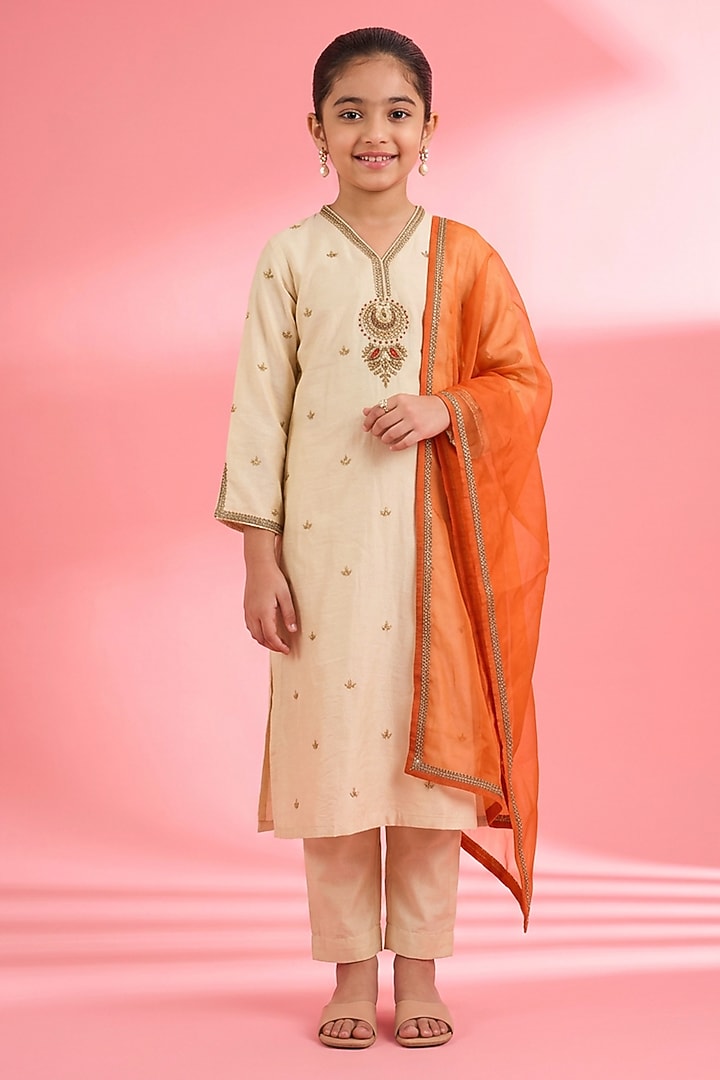 Light Beige Viscose Katan Silk Kurta Set For Girls by Harmony at Pernia's Pop Up Shop