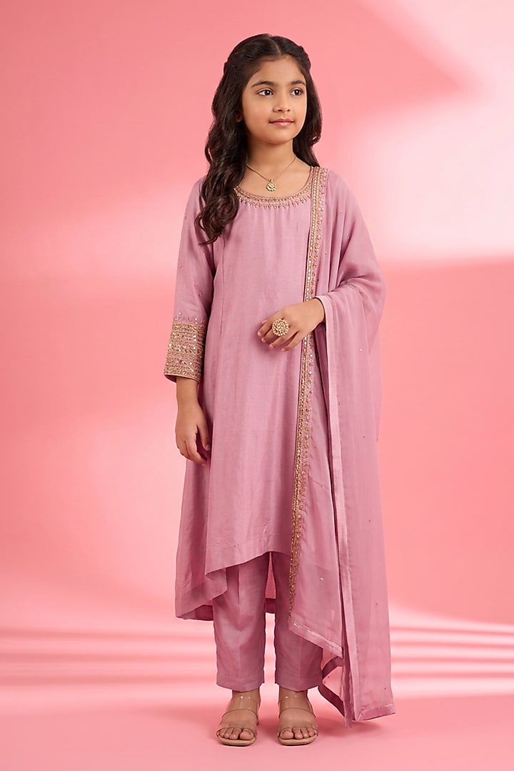 Pink Viscose Katan Silk Embroidered Kurta Set For Girls by Harmony at Pernia's Pop Up Shop