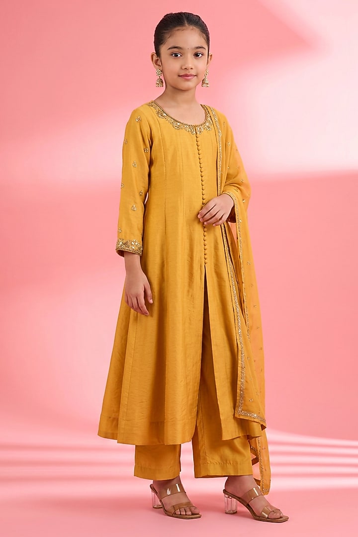Mustard Viscose Katan Silk Embroidered Anarkali Set For Girls by Harmony at Pernia's Pop Up Shop