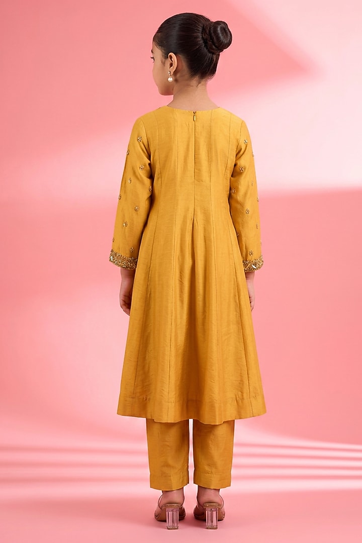 Mustard Viscose Katan Silk Embroidered Anarkali Set For Girls by Harmony at Pernia's Pop Up Shop