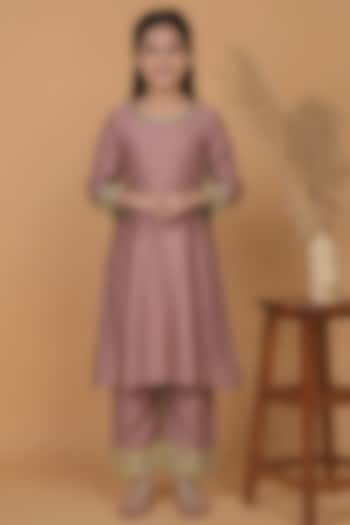 Earthy Pink Self Katan Silk Mirror Work Kurta Set For Girls by Harmony at Pernia's Pop Up Shop
