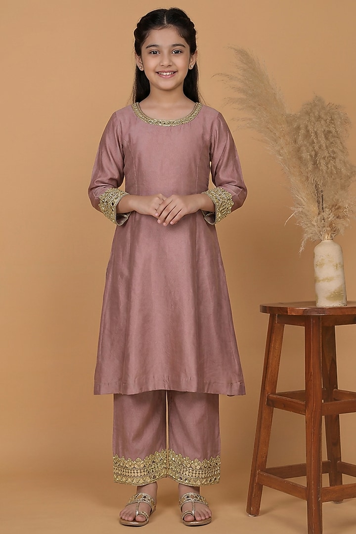 Earthy Pink Self Katan Silk Mirror Work Kurta Set For Girls by Harmony at Pernia's Pop Up Shop