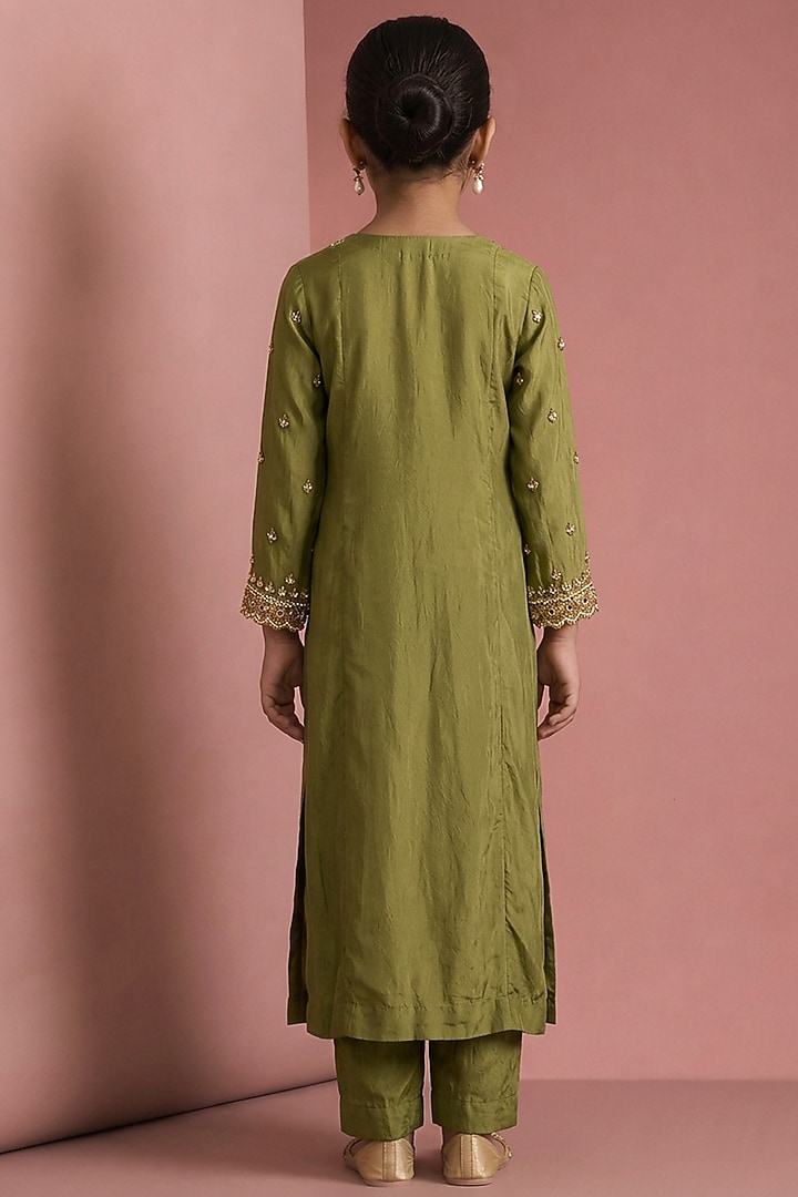 Mehendi Green Viscose Silk Hand Embroidered Kurta Set For Girls by Harmony at Pernia's Pop Up Shop
