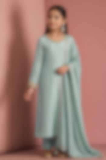 Light Teal Viscose Silk Hand Embroidered Kurta Set For Girls by Harmony at Pernia's Pop Up Shop