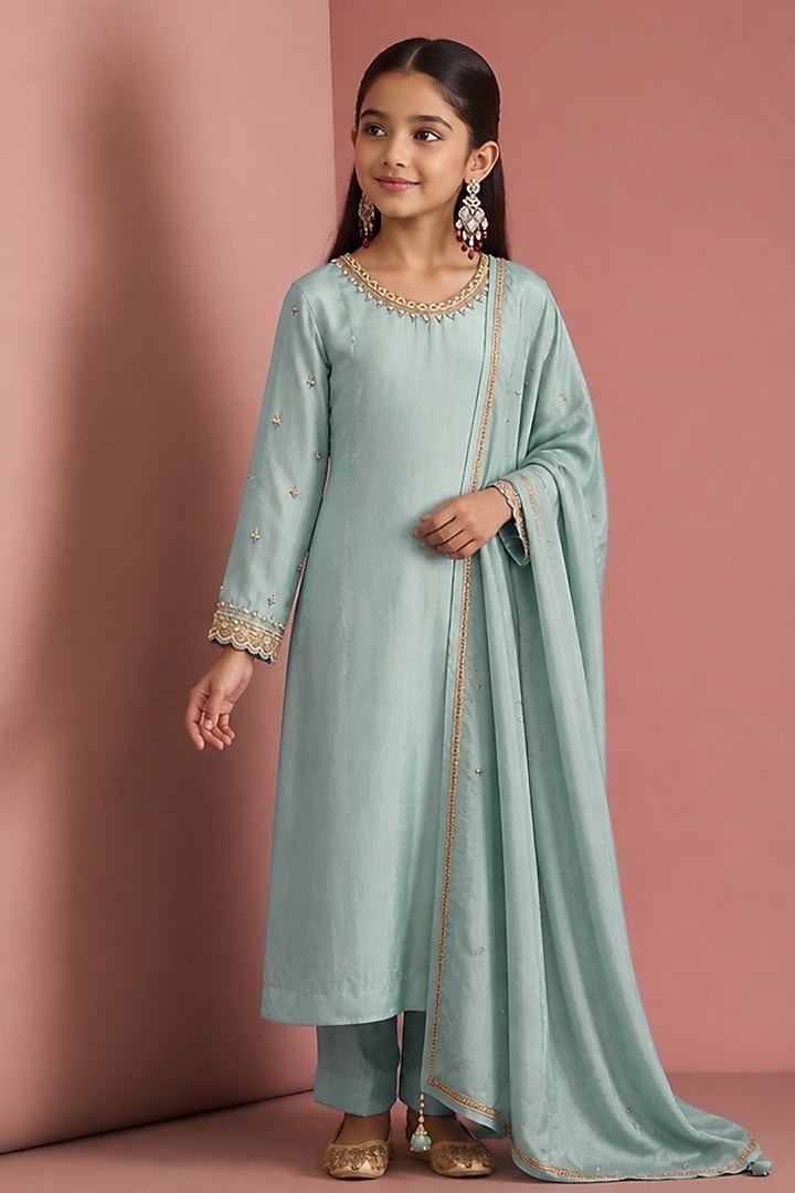 Light Teal Viscose Silk Hand Embroidered Kurta Set For Girls by Harmony at Pernia's Pop Up Shop