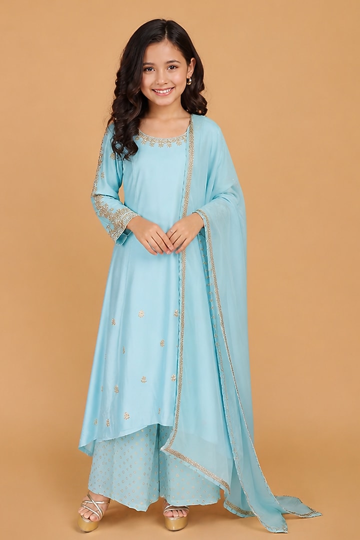 Light Blue Katan Silk Sharara Set For Girls by Harmony at Pernia's Pop Up Shop
