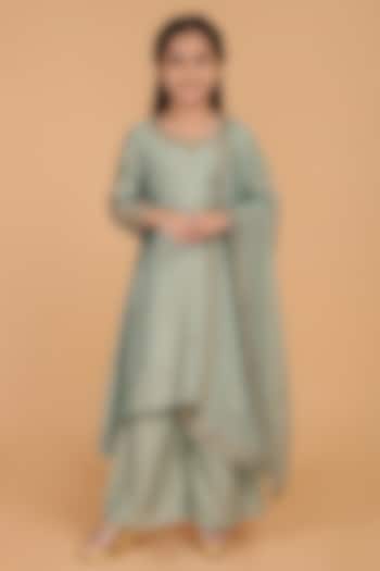 Olive Green Katan Silk Sharara Set For Girls by Harmony at Pernia's Pop Up Shop