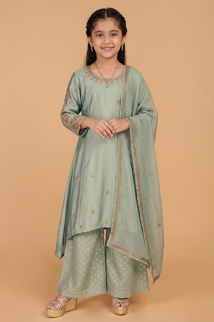 Olive Green Katan Silk Sharara Set For Girls by Harmony at Pernia's Pop Up Shop