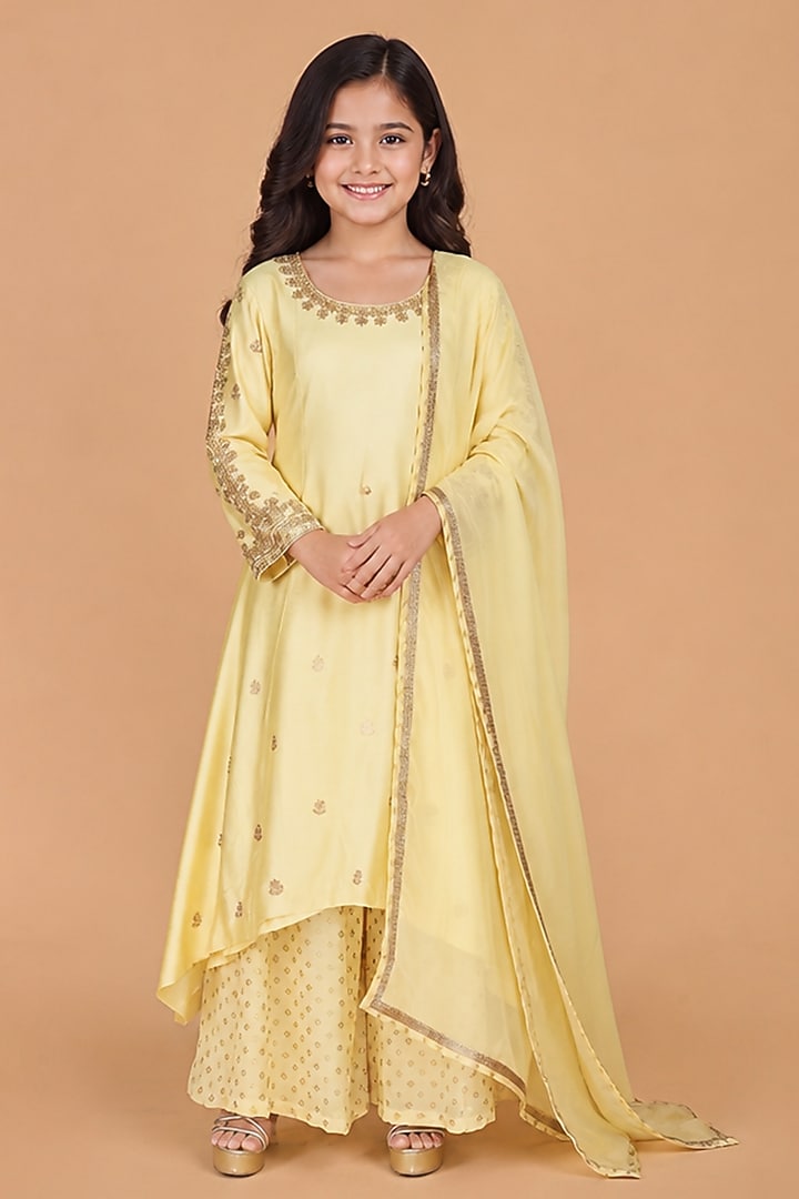 Light Yellow Katan Silk Sharara Set For Girls by Harmony at Pernia's Pop Up Shop