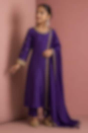 Dark Purple Silk Hand Embroidered Kurta Set For Girls by Harmony at Pernia's Pop Up Shop