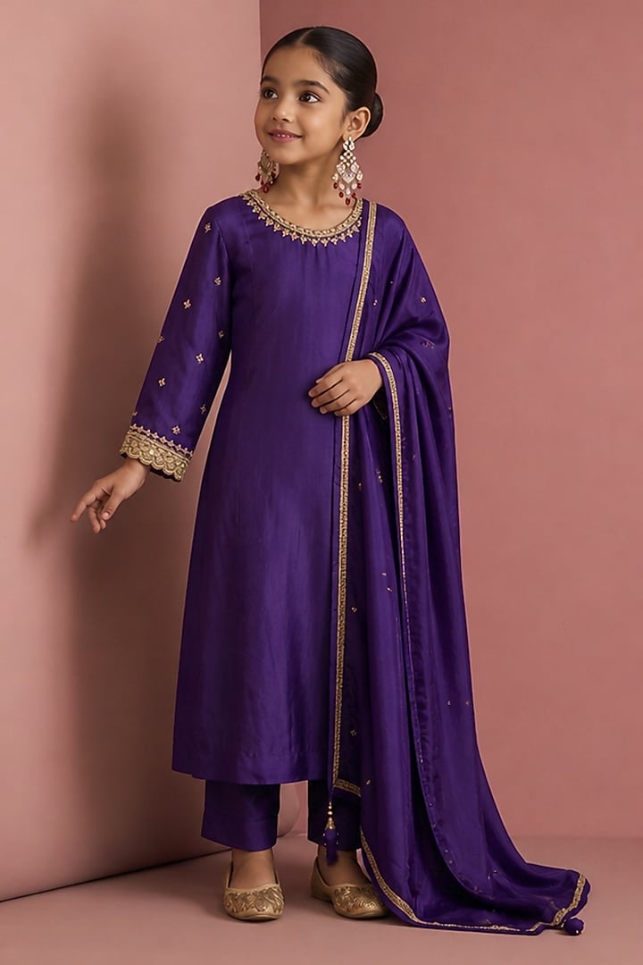 Dark Purple Silk Hand Embroidered Kurta Set For Girls by Harmony at Pernia's Pop Up Shop