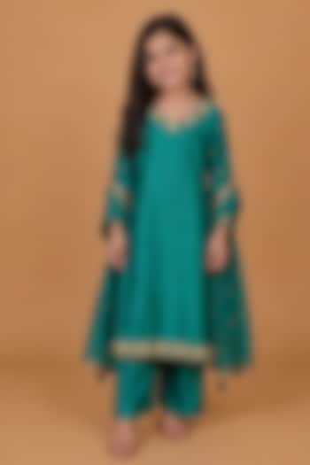 Teal Katan Silk Mirror Embroidered Kurta Set For Girls by Harmony at Pernia's Pop Up Shop