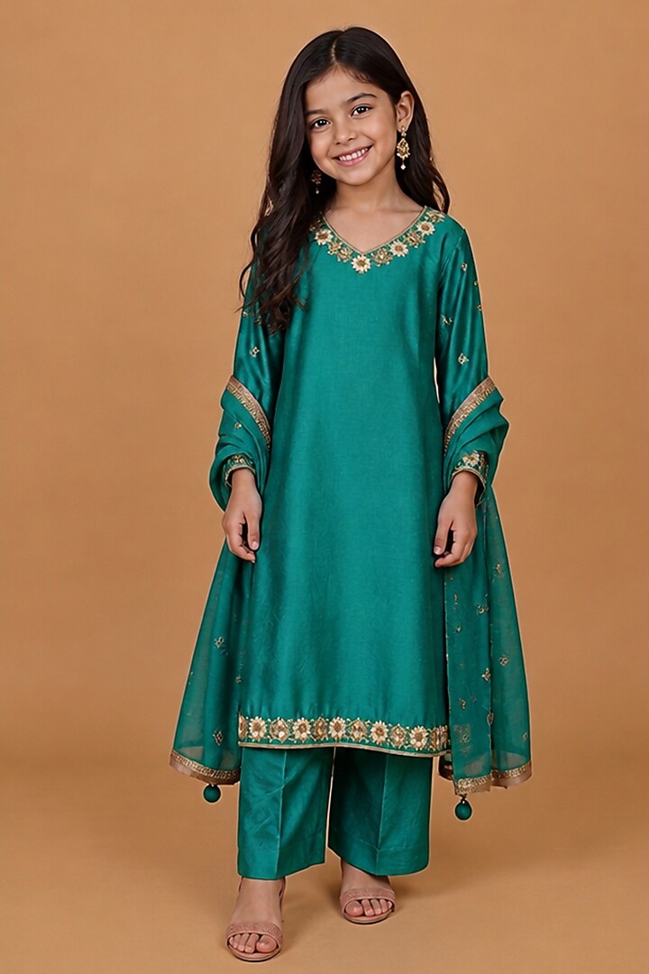 Teal Katan Silk Mirror Embroidered Kurta Set For Girls by Harmony at Pernia's Pop Up Shop