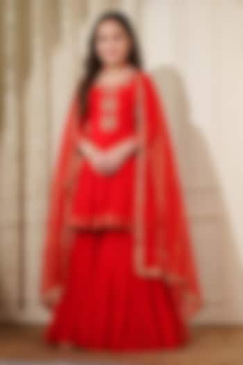 Red Georgette Thread Embroidered Sharara Set For Girls by Harmony at Pernia's Pop Up Shop