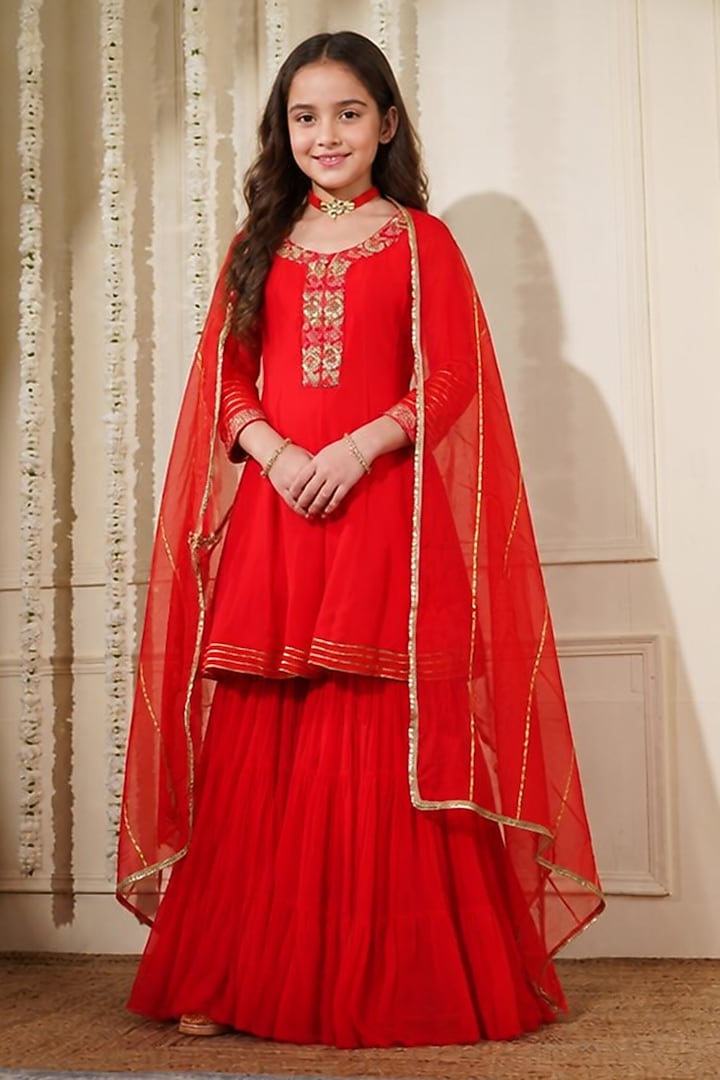 Red Georgette Thread Embroidered Sharara Set For Girls by Harmony at Pernia's Pop Up Shop
