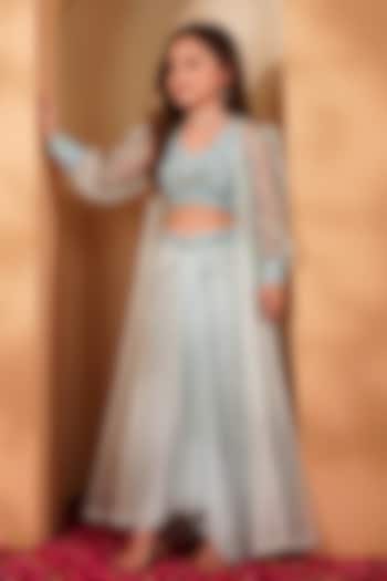 Powder Blue Organza Embroidered Draped Skirt Set by Harmony at Pernia's Pop Up Shop