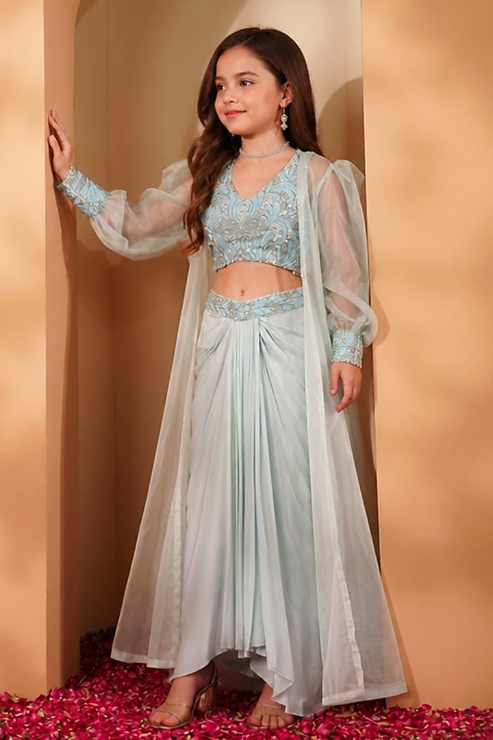 Powder Blue Organza Embroidered Draped Skirt Set by Harmony at Pernia's Pop Up Shop