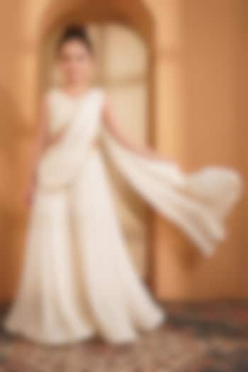 Ivory Crepe Pearl Embroidered Draped Sharara Set For Girls by Harmony at Pernia's Pop Up Shop