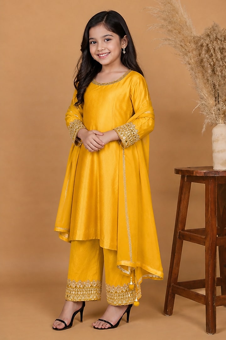 Mustard Yellow Mirror Work Kurta Set For Girls by Harmony at Pernia's Pop Up Shop