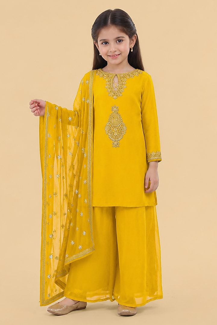 Yellow Organza Embroidered Sharara Set For Girls by Harmony at Pernia's Pop Up Shop
