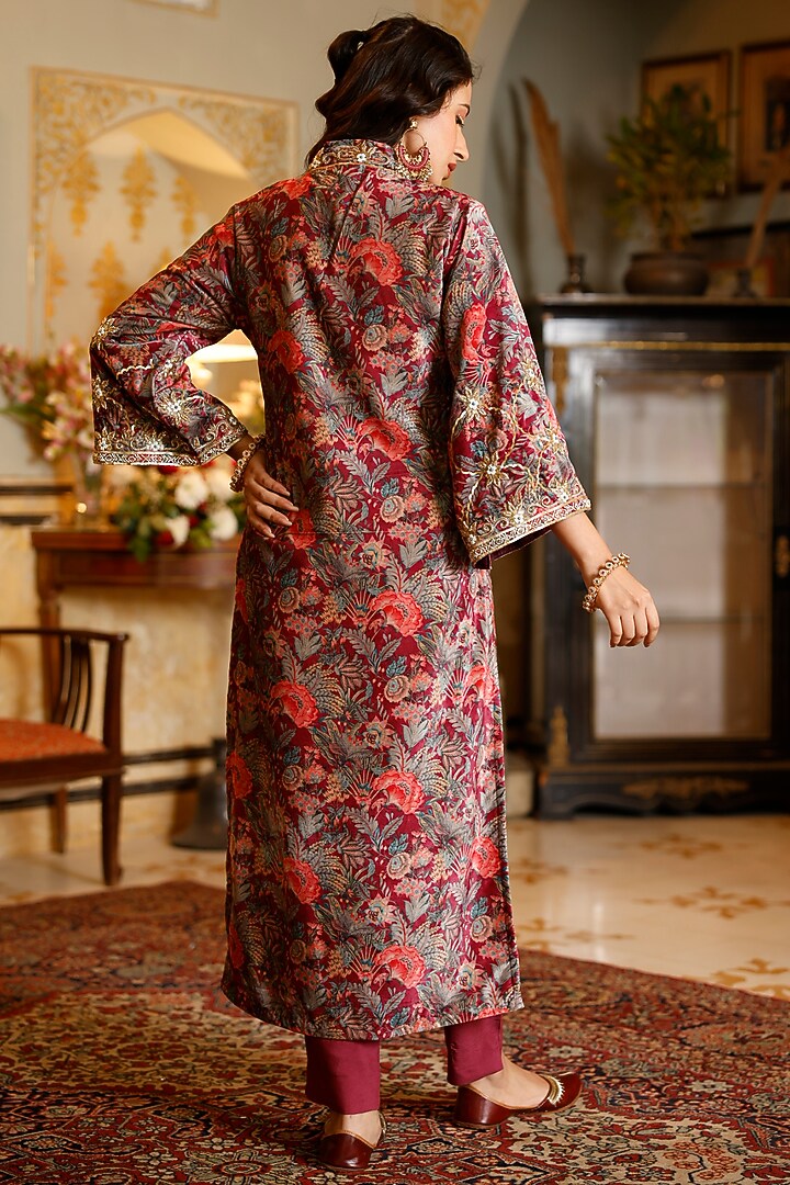 Wine Velvet Embroidered Kurta Set by HARSHA KHATRY at Pernia's Pop Up Shop
