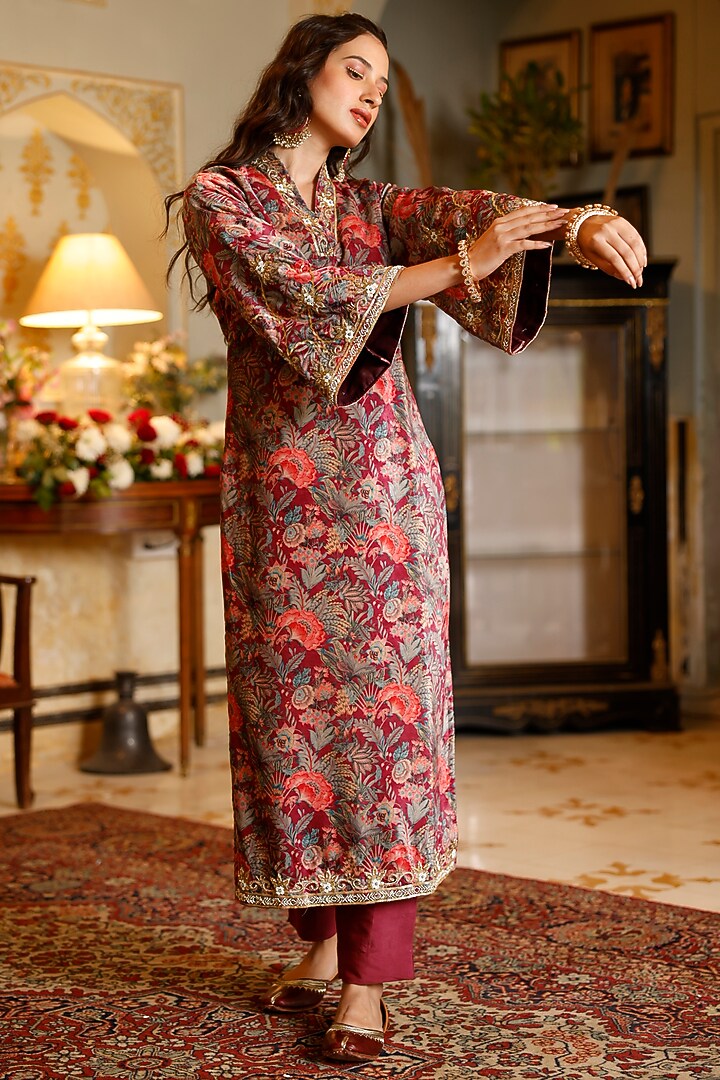Wine Velvet Embroidered Kurta Set by HARSHA KHATRY at Pernia's Pop Up Shop