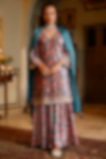 Blue Velvet Embroidered Kurta Set by HARSHA KHATRY