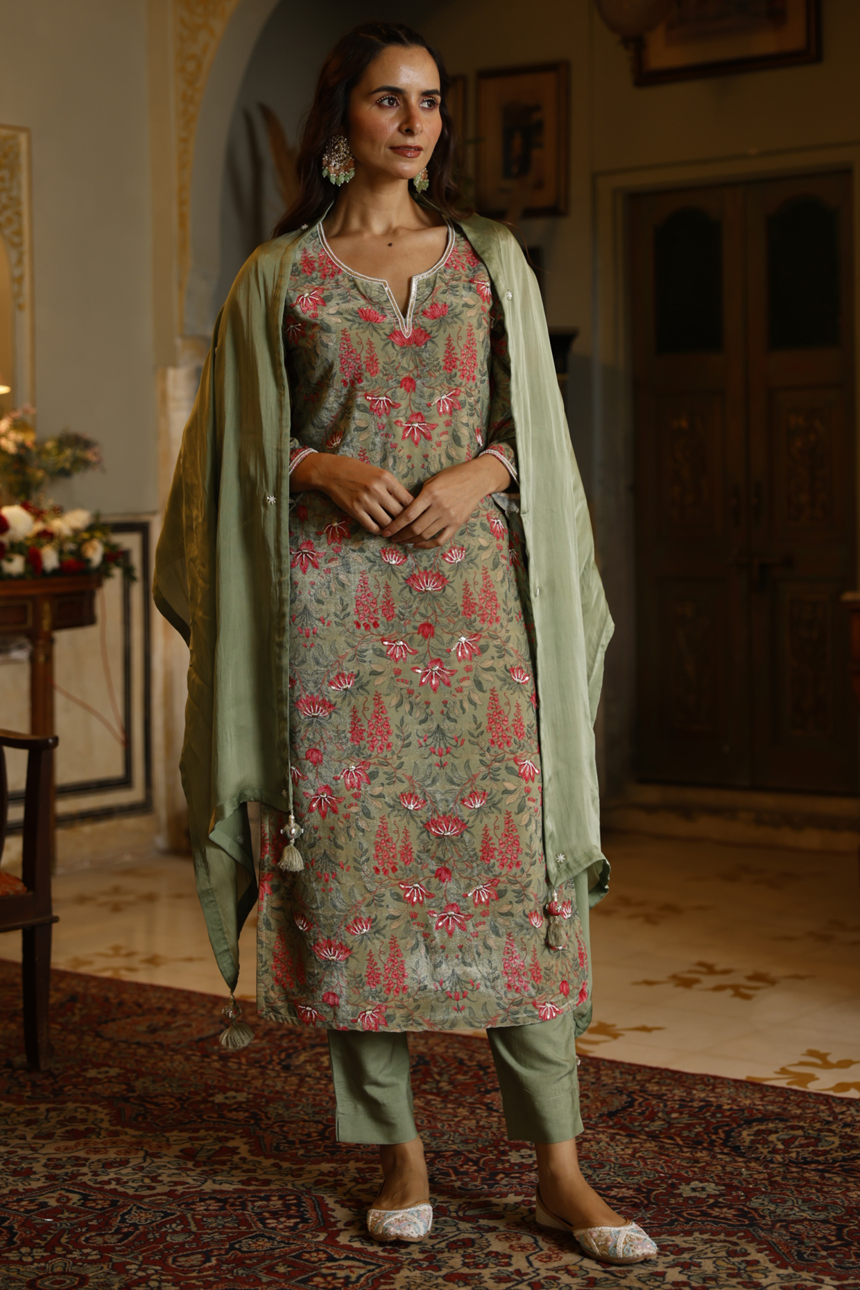 Pistachio Green Velvet Embroidered Straight Kurta Set by HARSHA KHATRY