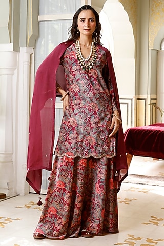 Wine Velvet Embroidered Kurta Set by HARSHA KHATRY