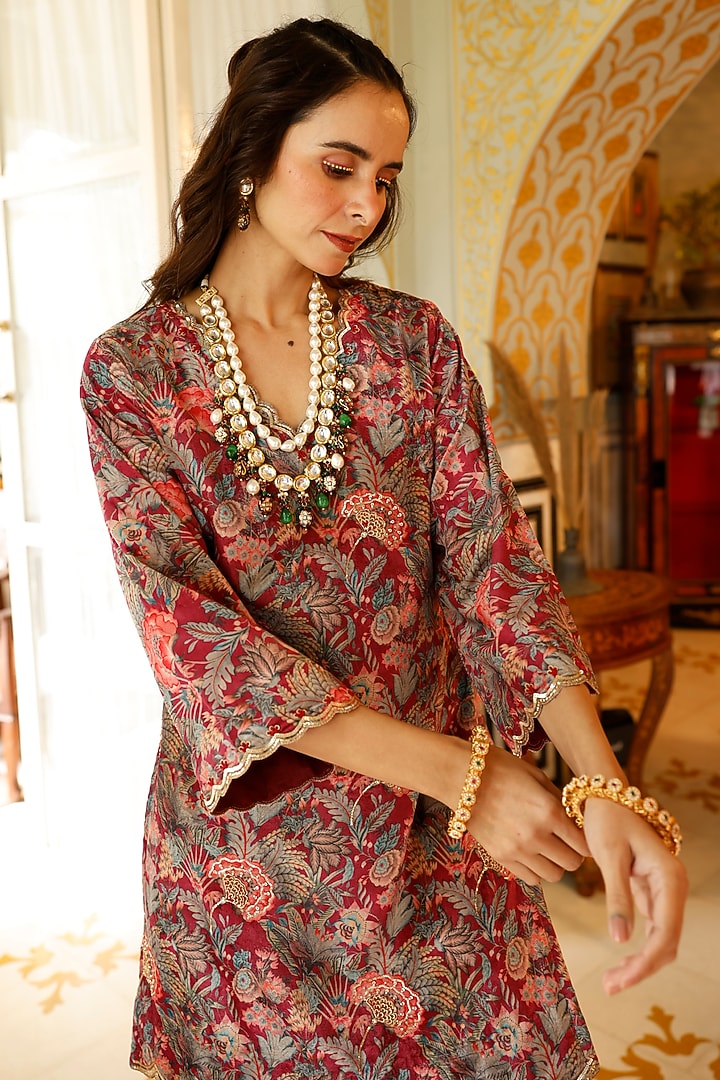 Wine Velvet Embroidered Kurta Set by HARSHA KHATRY at Pernia's Pop Up Shop