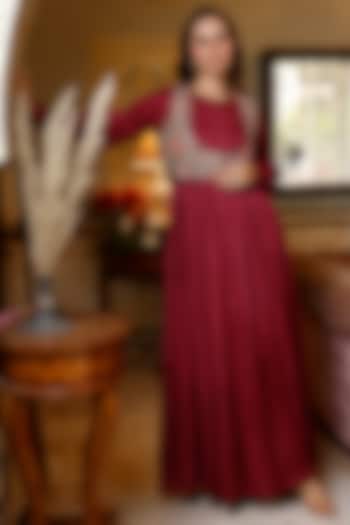 Wine Modal Satin Anarkali With Koti Jacket by HARSHA KHATRY at Pernia's Pop Up Shop