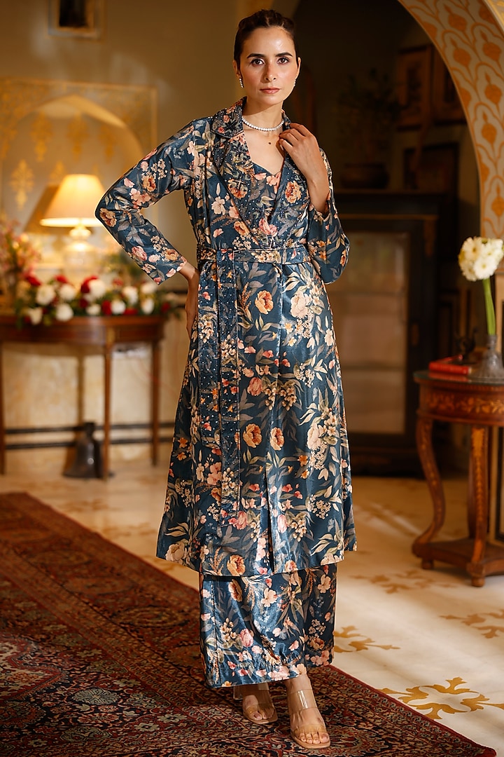 Navy Blue Velvet Embroidered Trench Coat Set by HARSHA KHATRY