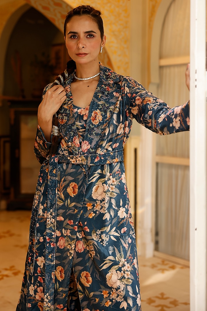 Navy Blue Velvet Embroidered Trench Coat Set by HARSHA KHATRY at Pernia's Pop Up Shop