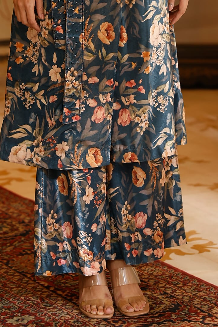 Navy Blue Velvet Embroidered Trench Coat Set by HARSHA KHATRY at Pernia's Pop Up Shop